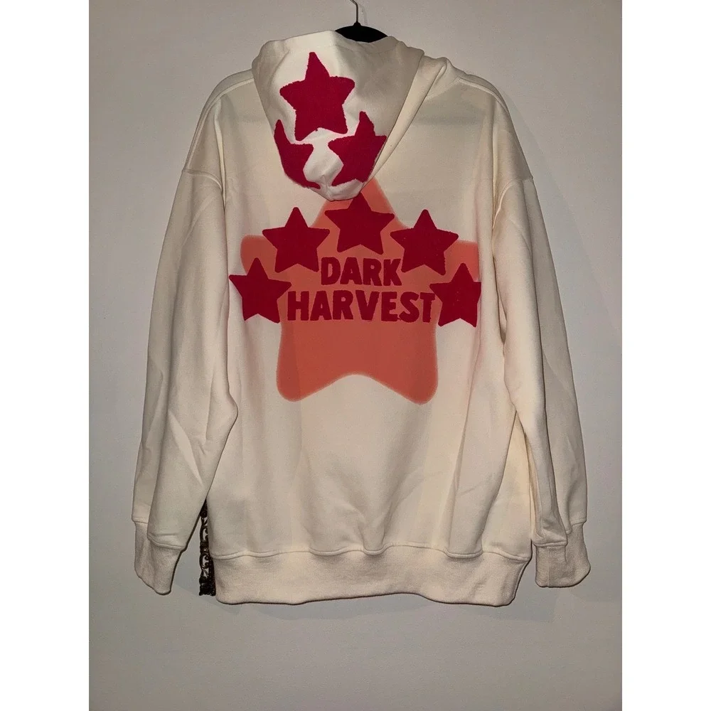VAMTAC Dark Harvest Star Embroidered Oversized Hoodie Pullover Cream Pink Medium